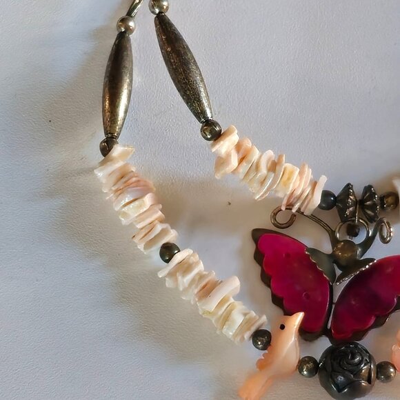VTG Sterling Silver Double Strand MOP Fetish Bird Butterfly Pendant Necklace 16" - Picture 4 of 11
